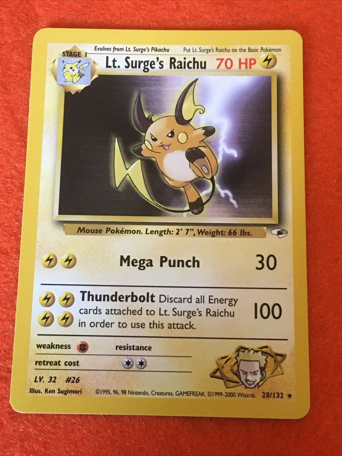 Pokemon Card Unlimited Ed. Rare Gym Heroes Lt. Surge's Raichu 28/132 - Image 1